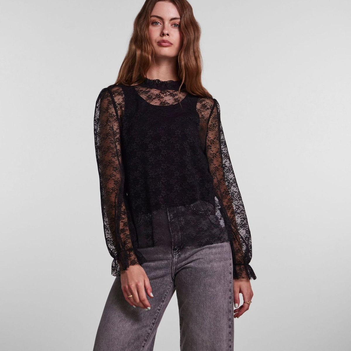 Pieces - May LS Lace Top (Black)