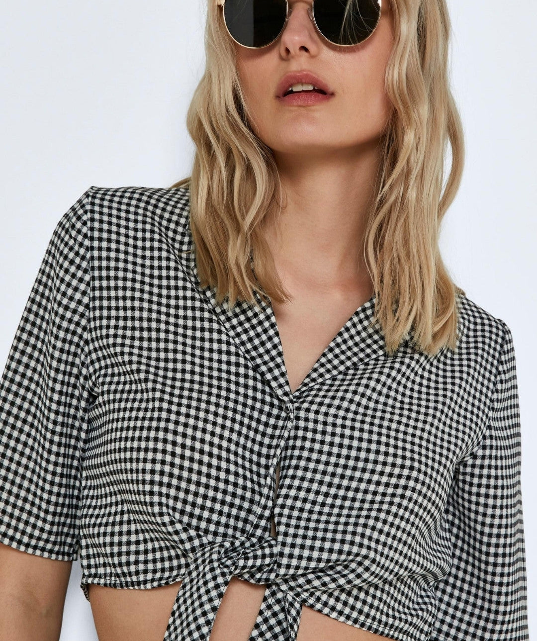 Noisy May - Joe S/S Waist Tie Top (White/Checks)